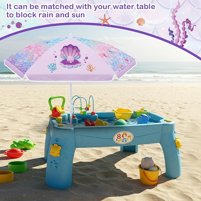 Sweetude Water Table Umbrella (Table Not Included) Kids Seaside Beach Umbrella Picnic Canopy for Summer Toddlers Sand Beach Camping Garden Outdoor Pool Shade Party Supply(Mermaid Theme)