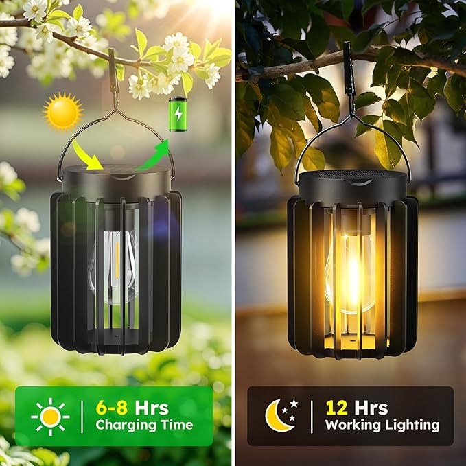 Solar Lanterns Outdoor Waterproof Brighter Up to 12 Hrs Outdoor Hanging Solar Lights Outside Hanging Lanterns for Garden Porch Patio Yard Decor Gifts for Women Mom Father Black 4 Pack