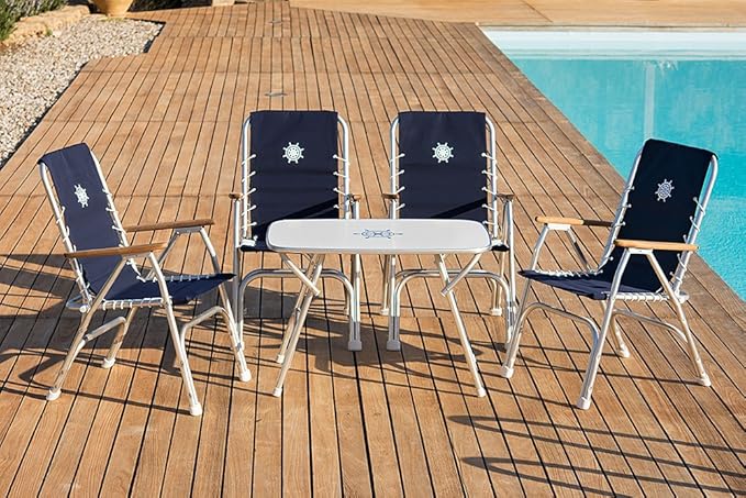 FORMA MARINE Boat Chairs High Back Navy Blue Deck Folding Marine Aluminum Teak Furniture Set of 2 M150XNB