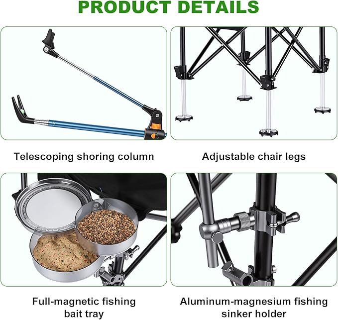 Folding Fishing Chair with Complete Accessories Portable Camping Chair for Outdoor Fishing 220LBS Load-Bearing Non-Slip All-Terrain Design with Storage Bags Carbon Steel Fishing Chair