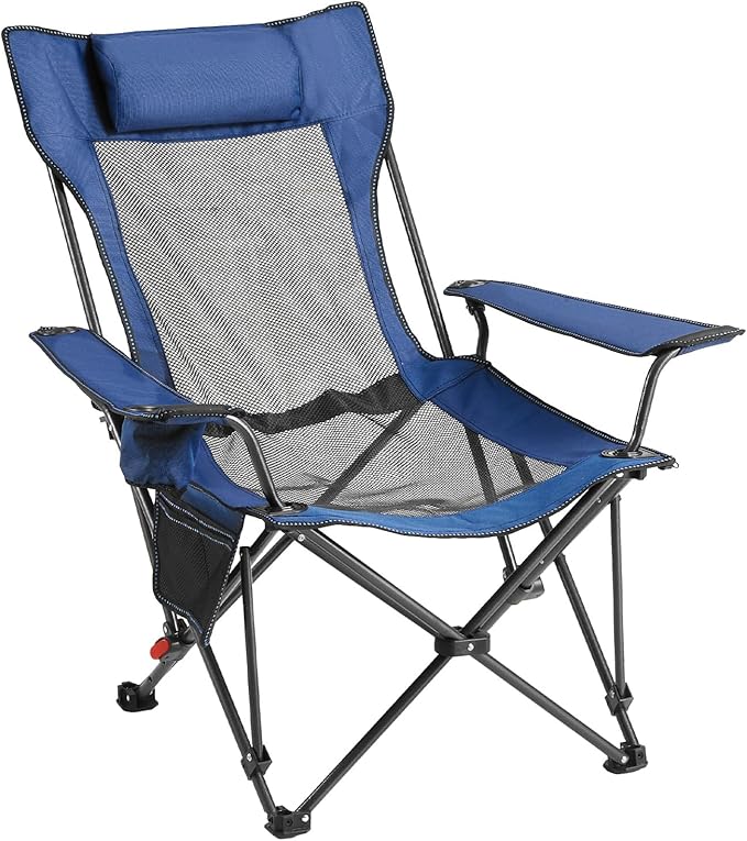 VEVOR Reclining Camping Chair 4 Adjustable Positions Portable Folding Lounger for Adults Mesh Beach Chair with Headrest &amp Foot Rest Supports 220 lbs Heavy Duty Camp Chairs for Patio Blue