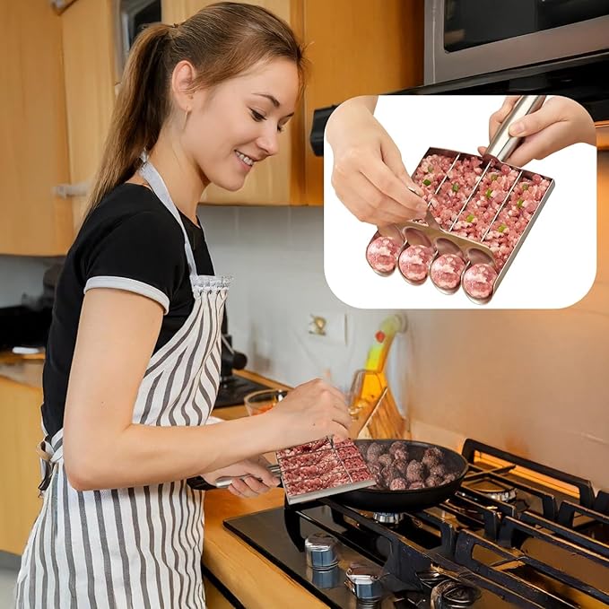 4-in-1 Meat Baller Tool 9.4-Inch Handle Stainless Steel Meatball Maker with Scraper Kitchen Food Scoop Set for Shrimp Paste Fish Balls Rice Balls Quick Release Groove Design