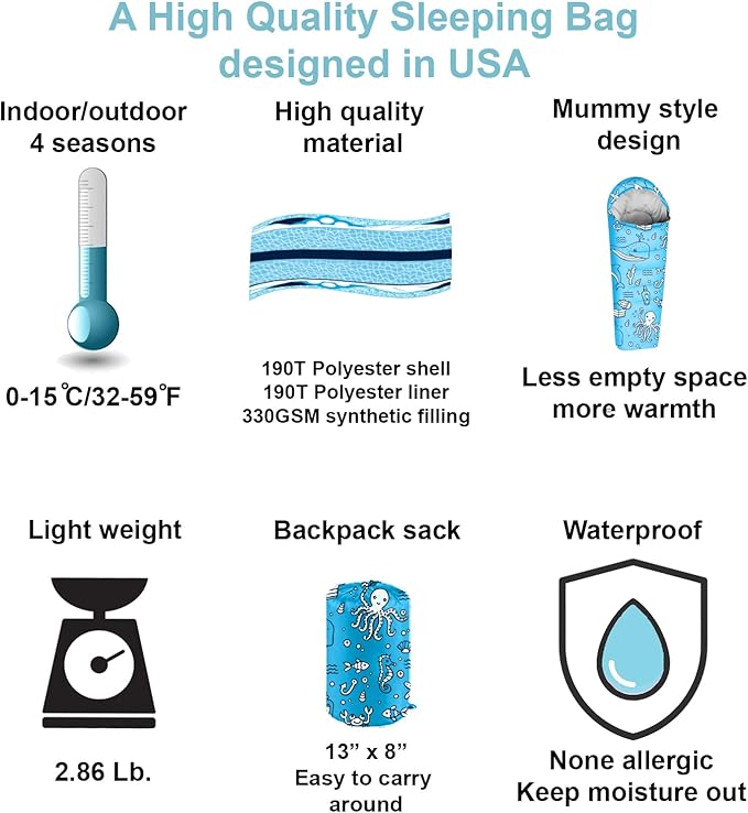 KidzAdventure Mummy Style 32 – 59F Kids Sleeping Bag with Pillow Sleeve 4 Season Lightweight and Backpacking Style Ideal for Camping Sleepover Boys Girls Youth and Toddlers
