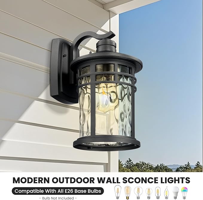 Outdoor Wall Light Fixtures 12 Inch Black Exterior Wall Mount Lantern with Water Ripple Glass Porch Light Sconces for House Garage E26 Socket