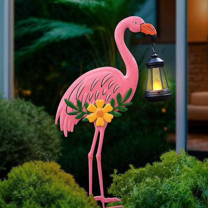 Metal Flamingo Stake with Solar Lantern Garden Solar Animal Lights for Yard Patio Lawn Pathway Decor Unique Gifts for Women Mom Grandma(Pink Flamingo)