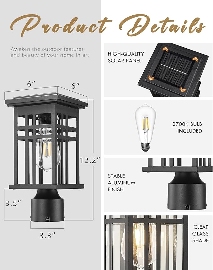 Dusk to Dawn Solar Outdoor Post Light HWH 2 Pack Solar Post Lights for Yard Garden Patio Pole Lamps Post with Remote Clear Glass Shade 5HD36P-2 SL BK