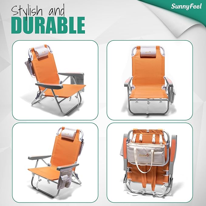 SUNNYFEEL Low Beach Chair 5 Position Lay Flat Portable Folding Backpack Beach Chairs Heavy Duty with Cooler Bag Cup Holder for Outdoor/Lawn/Trip/Picnic/Fishing Foldable Camping Chair