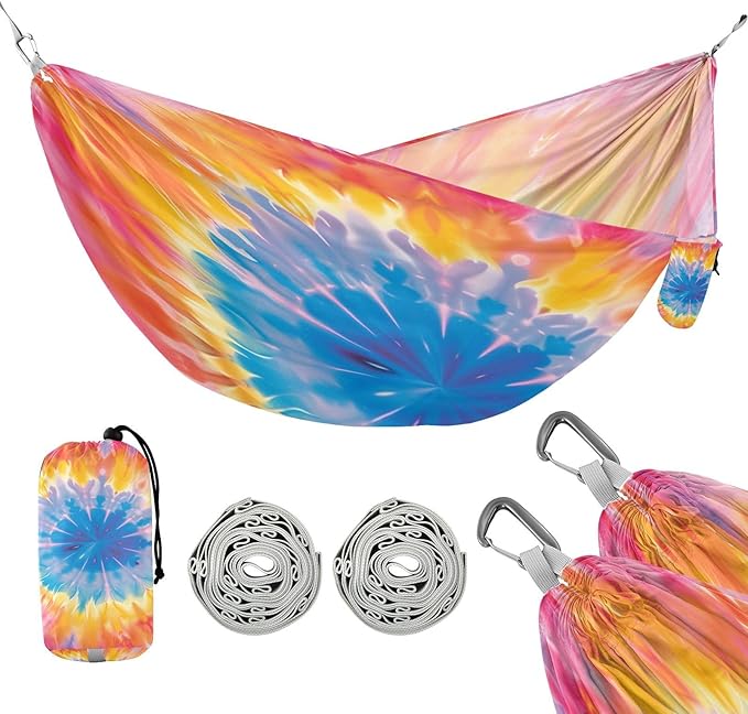 ALAZA Tie Dye Pink Yellow &amp Blue Camping Hammocks Single or 2 Person 500 lbs Portable Parachute Travel Hammock w/Tree Straps for Hiking Backpacking Indoor Outdoor