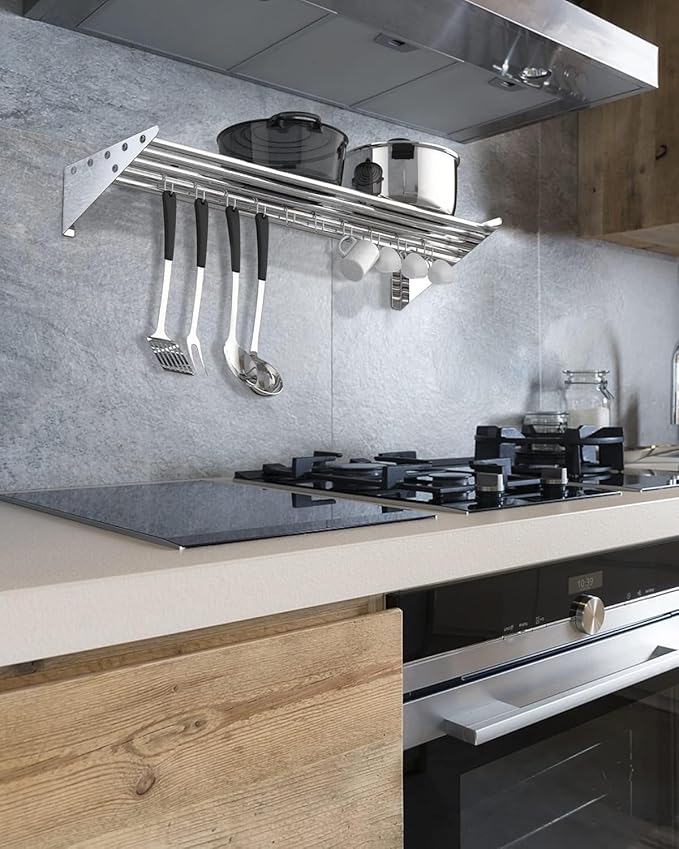 Floating Shelves for Wall NSF Commercial Wall Shelf 12 x 24 Shelf Pot Rack with Backsplash &amp 10 Hooks Stainless Steel Floating Shelves for Hanging Pots Pans Cookware