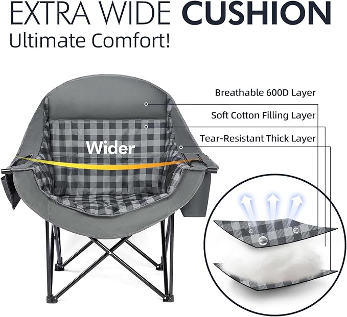 Oversized Camping Chairs for Adults - Heavy Duty Padded Outdoor Folding Lawn XL Camp Chair with Cup Holder Cooler Pockets for Outside Sports Beach Fishing Garden Portable Supports 500lbs Grey