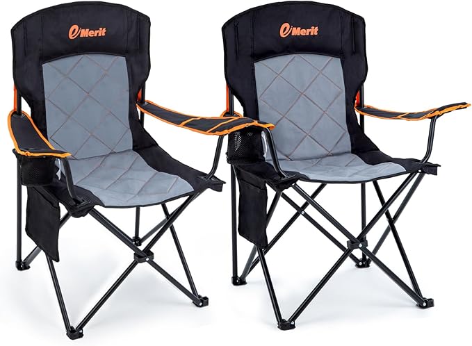 EMERIT 2 Pack Oversized Padded Camping Chair 350LB Heavy Duty Quad Fold Chair with Arms Collapsible Outdoor Chairs with Lumbar Back &amp Cup Holder