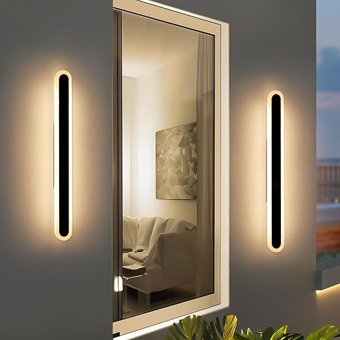 2 Pack 39.3inch Modern Outdoor Wall Light Fixture IP65 Waterproof Oval LED Wall Mounted Sconce 3000K Warm White 36W Black Strip Exterior Lighting for House Backyard Garden Garage