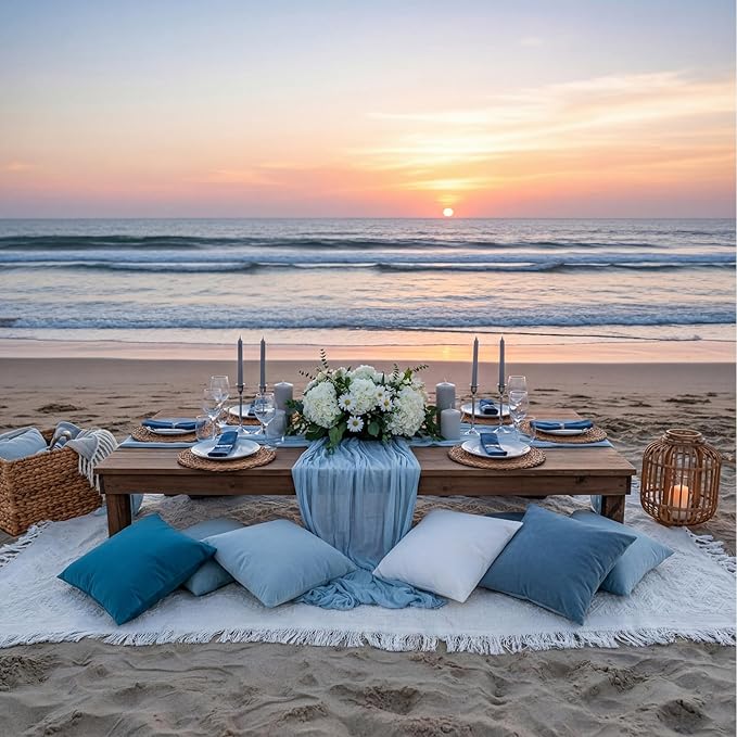 Moukeren 10 Pcs 71''x102'' Extra Large White Outdoor Boho Picnic Blanket with Table Runner 8 Blue Throw Pillow Cover Oversized Washable Portable Beach Blanket for Valentine Picnic Camp Lawn Wedding
