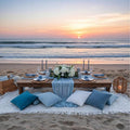 Moukeren 10 Pcs 71''x102'' Extra Large White Outdoor Boho Picnic Blanket with Table Runner 8 Blue Throw Pillow Cover Oversized Washable Portable Beach Blanket for Valentine Picnic Camp Lawn Wedding
