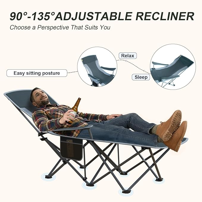 Folding Beach Chair Recliner for Adults - Heavy Duty 300lbs Camping Chair with Adjustable Backrest &amp Footrest Portable Outdoor Lounge Chair for Backyard Fishing Travel