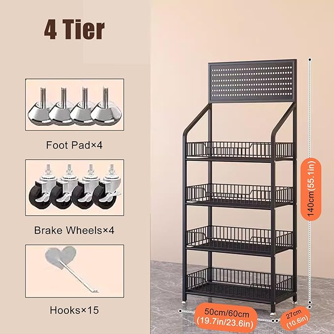 Convenience Store Shelf Cart 4 Tier Supermarket Portable Display Rack for Snacks/Drinks/Can/Toys with Hooks &amp Wheels Commercial Home Carbon Steel Frame White-4 Tier-60x27x140cm