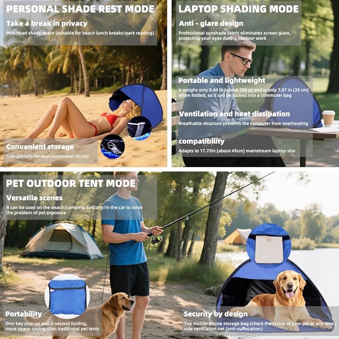 Dog and Cat Outdoor Waterproof Tent House Portable Mini Beach Tent Instant Pop Up Canopy for Pets Laptops &amp Outdoor Shade (Blue)