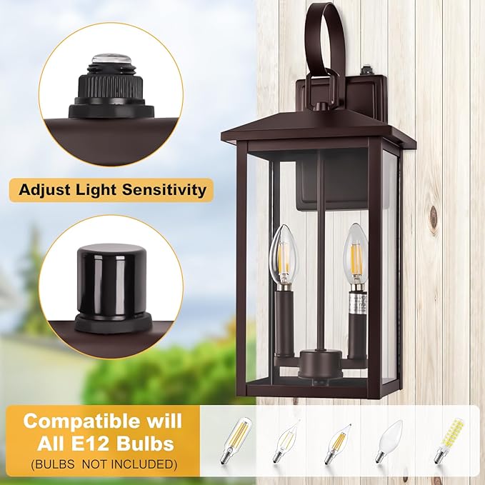 Extra Large Exterior Lighting Fixtures Bronze Dusk Till Dawn Outdoor Light Fixture 2-Light Outdoor Wall Fixture with E12 Socket 18 Porch Light Fixtures for House Garage Patio Door Backyard