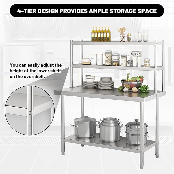 2-Tier Stainless Steel Commercial Work Table 47.2 W x 23.6 D x 31.5 H with Overshelf Heavy Duty Kitchen Prep Table for Restaurant Home Kitchen Garage Warehouse