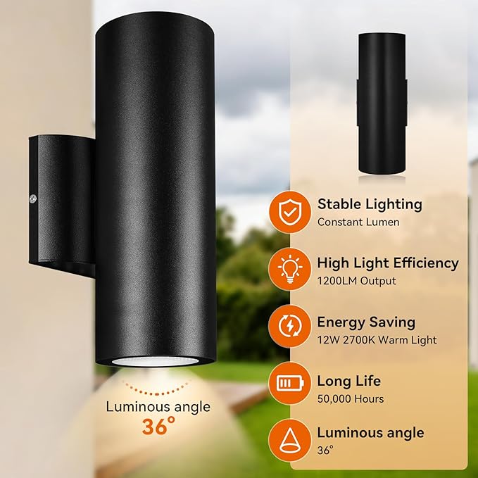 JO.KO Modern Outdoor Cylinder Wall Lights 10.24 Porch Light 2700K Warm White Up Down Lights Matte Black Waterproof Wall Sconce Aluminum Exterior Light Fixture Wall Mount