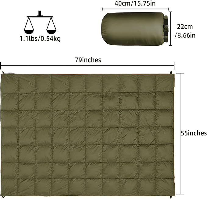 Outdoor Puffy Camping Blanket Lightweight Down Alternative Puffy Printed Camping Large Ultra Warm Hammock Top Quilt Waterproof Blanket for Traveling Picnic Beach Party Cold Weather (Olive)