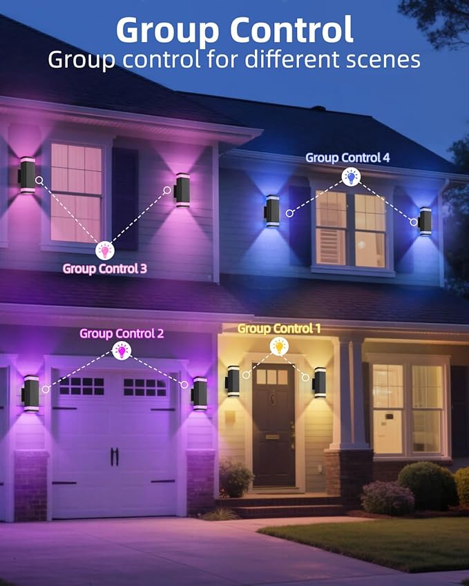 Smart Outdoor RGB Wall Lights 2 Pack Wi-Fi &amp App Control Color Changing Up and Down Wall Sconce with Remote Dusk to Dawn Waterproof Exterior Lighting Fixtures Works with Alexa Google Assistant