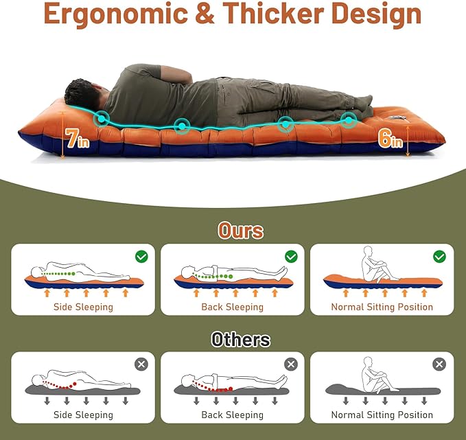 KASBAH Camping Sleeping PadExtra Wide 6 inch Thick Inflatable Sleeping Pads with Built-in Foot Pump and PillowUltralight Camping Mat Gear for Outdoor HikingCamping