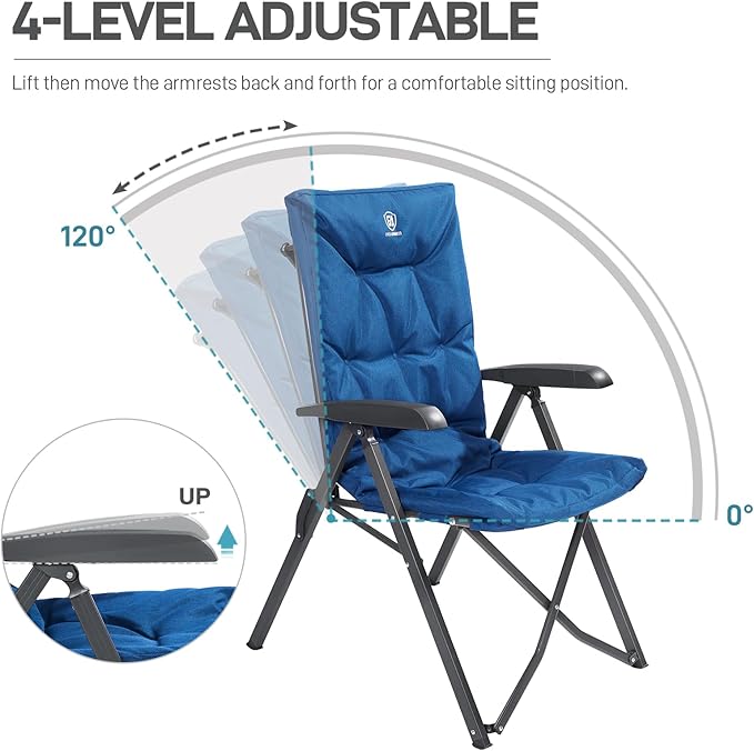 EVER ADVANCED Folding Padded Camping Chair 4 Positon Adjustable Recliner with High Back Support Portable for Adults 300lbs Weight Capacity Blue