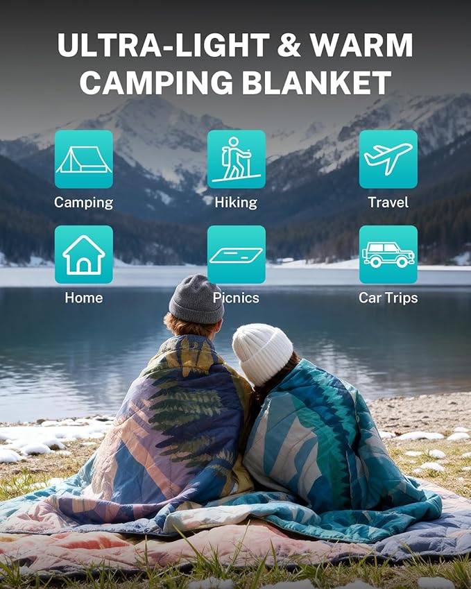 Gonex Camping Blanket with Aero-Warmth Tech Layer Puffy Printed Packable Blanket Ultralight &amp Warm Wearable Water-Resistant Quilt for Outdoor Camping Hiking Travel Picnics 79 X 55 (Iceberg)