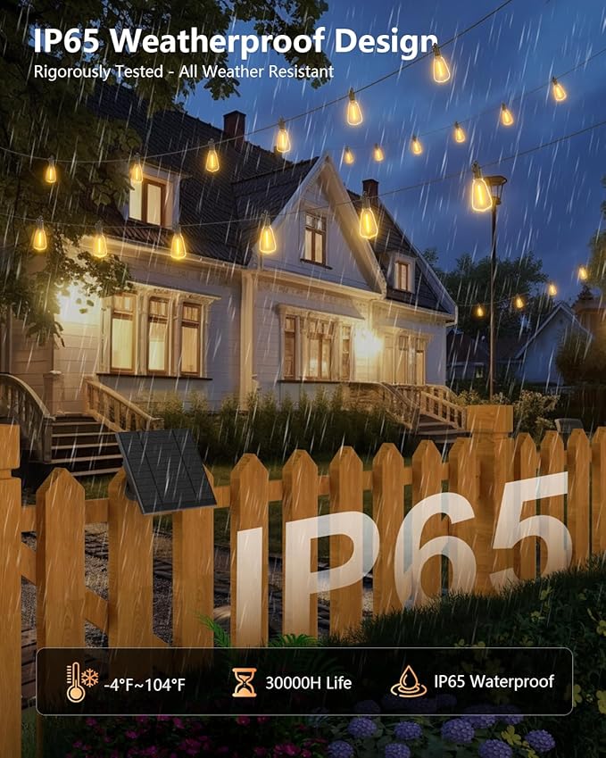Brightown 175FT Solar String Lights Outdoor Waterproof with Remote 56+2 LED Shatterproof Bulbs Dimmable &amp Timable 3 Light Modes - Commercial Grade Patio Lights for Garden Backyard Party Decor