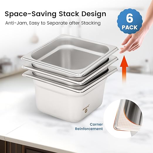 6 Pack Hotel Pans 1/6 Size 4 Deep NSF Commercial Stainless Steel Pan Steam Table Pan Catering Food Pans