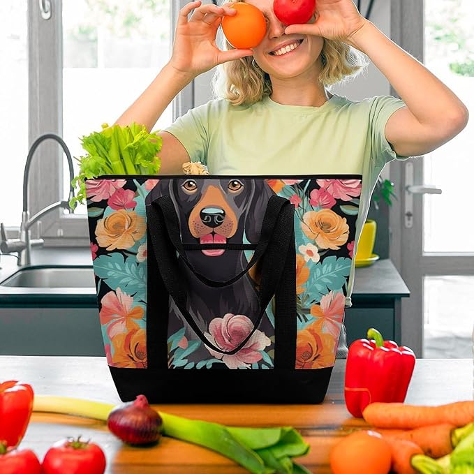 Insulated Shopping BagLarge Reusable Cooler Bags Dog Floral Printed Foldable Shopping BagTravel Waterproof Shoulder Bag