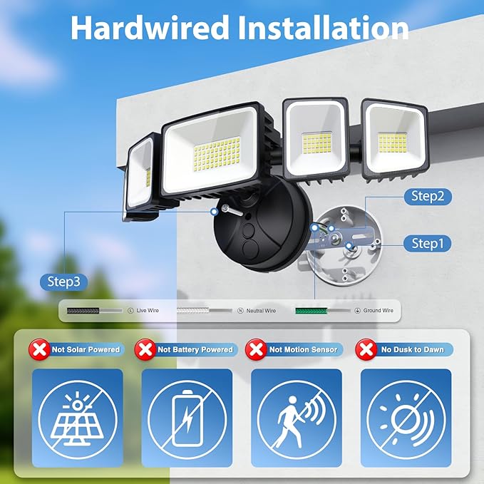 120W Outdoor LED Flood Light 5 Heads Exterior Security Lights 6500K Super Bright Floodlight Fixture Waterproof IP65 Outside Flood Lights for House Backyard Black