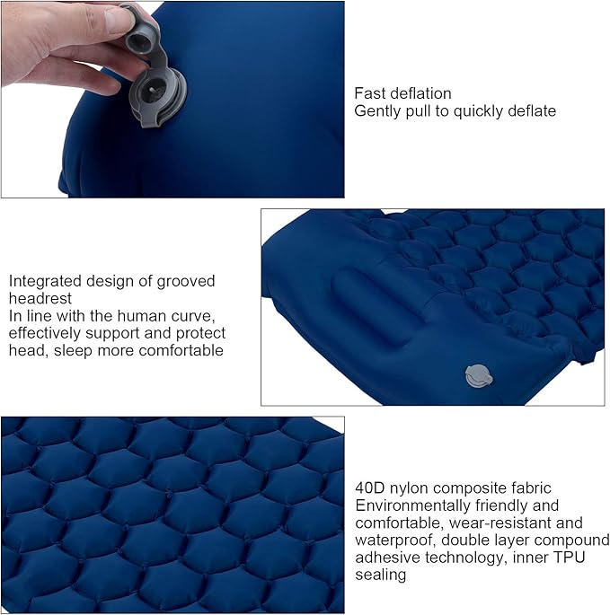 Inflatable Sleeping Pad for Camping | 40D Nylon &amp TPU Laminate Mat | Foot Press Inflation Cushion for Tent/Hiking/Travel | 3D Support 2 - Way Valve 700g Lightweight (Navy Blue)