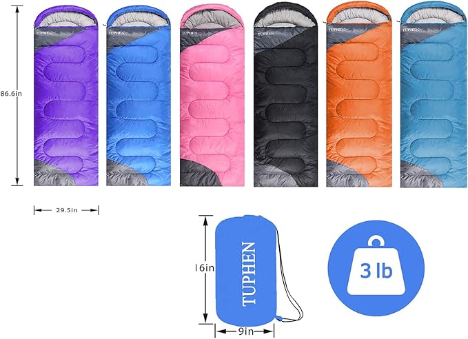 tuphen- Sleeping Bags for Adults Kids Boys Girls Backpacking Hiking Camping Microfiber Liner Cold Warm Weather 4 Seasons Indoor Outdoor Use Lightweight &amp Waterproof