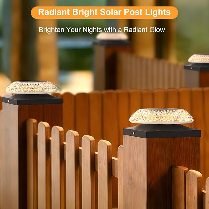 4x4 Solar Post Cap Lights 12 Pack: Fence Post Solar Lights with 3 Lighting Modes &amp Round Lampshade - Waterproof Outdoor Deck Post Light for Garden/Patio/Porch (Black)