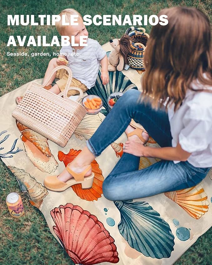 Summer Beach Beach Blanket Waterproof Sandproof Orange White Blue Seashell Vintage Coastal Beach Mat Quick Drying Outdoor Picnic Mat 83 x 79 for 1-4 Adults Essentials for Travel Camping Hiking