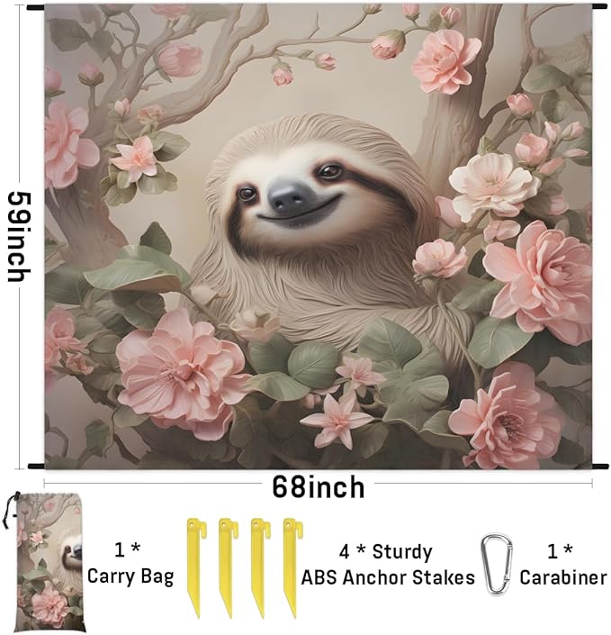 Waterproof Sandproof Beach Blanket 59''×68'' Sloth Polyester Outdoor Picnic Blanket with 4 Stakes &amp Storage Bag for BeachCampingVacation Flower