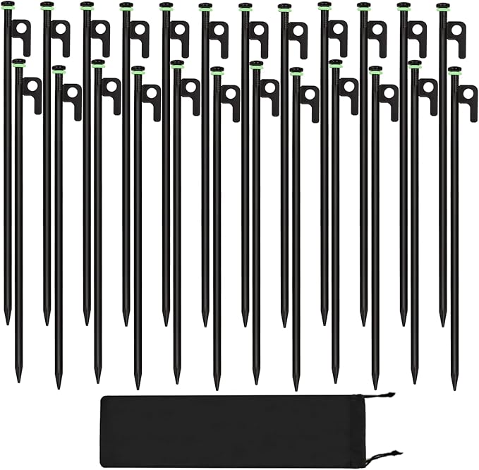 24Pcs Tent Stakes 16in Heavy Duty Tent Stakes with Storage Pouch Dia 0.35 Forged Steel Stakes for Tent Used on Rocks Grassland Snowfield(24Pcs 16in Stakes)