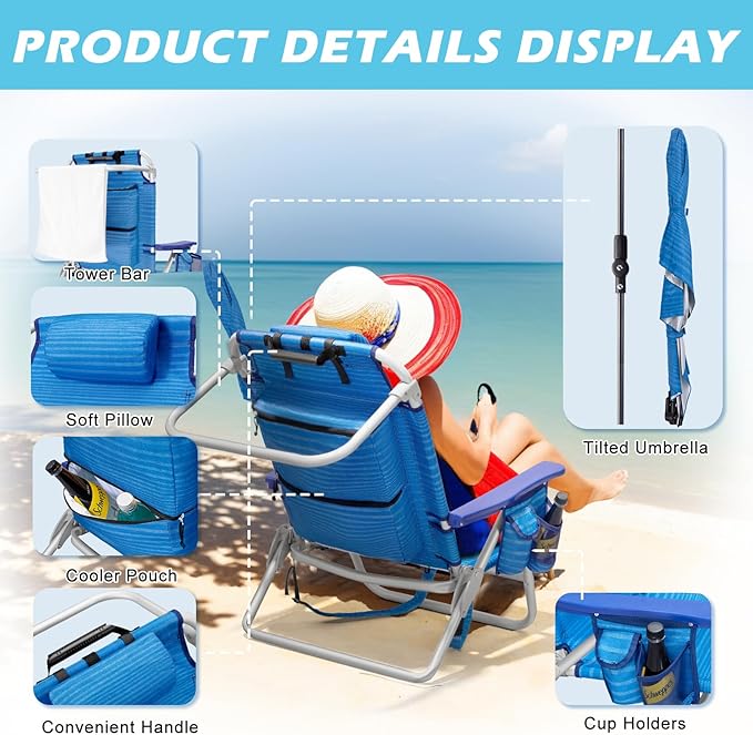 Beach Chair Backpack Chairs for Adults with Adjustable Umbrella Folding Beach Chairs with Storage PouchCup Holder &amp Towel Rack Adjustable Lounge Chair for Seaside（2pcs/Blue）