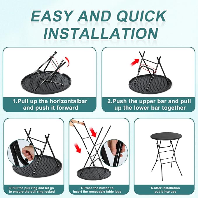 Nice C Plastic High Top Round Table Portable Cocktail Bar Table 31.5 Folding Counter Height Tables Waterproof Outdoor/Indoor Tables for Parties Weddings Camping Backyard (Black 2 Pack)