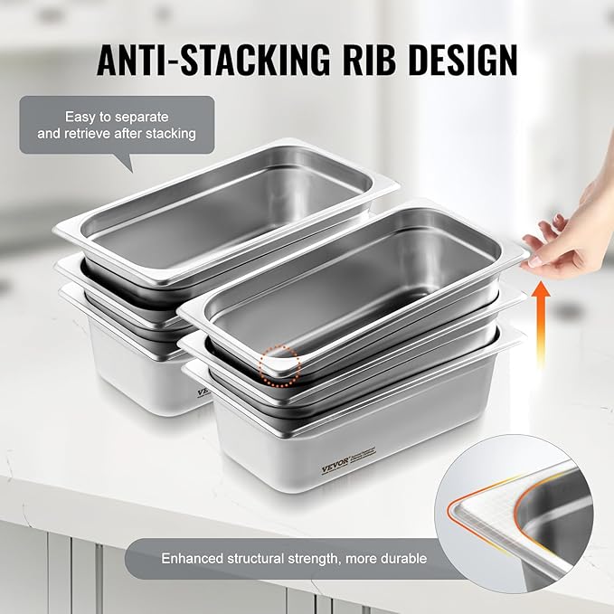 VEVOR 6-Pack Stainless Steel Hotel Pans - 1/3 Size 4-Inch Deep 0.8mm Thick Anti-Jam Commercial Food Pans for Steam Tables Restaurants Catering &amp Industrial Use