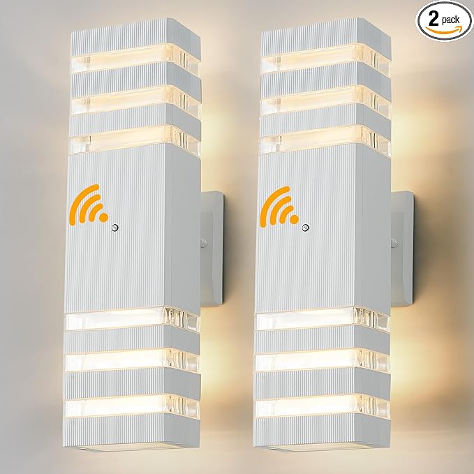 Dusk to Dawn Outdoor Wall Lights 2 Pack White Front Porch Light Fixture Anti-Rust Black LED Up and Down Outdoor Lights for House Hallway Garage Entryway