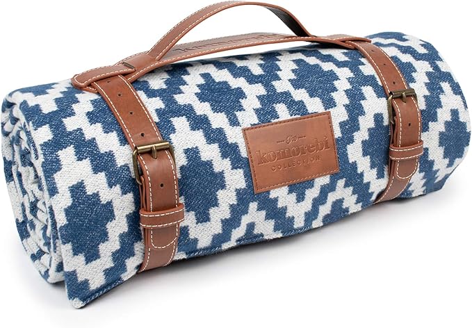 Komorebi Extra Large Picnic Blanket - 78” x 59” - Waterproof Outdoor Blanket Foldable &amp Portable Sandproof Beach Blanket - Blue Travel Mat with Soft Cotton &amp Carry Handle