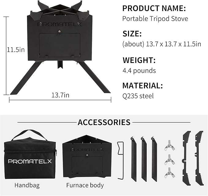 Portable Tripod Camping StoveWood-Burning Rocket Stove with Carry Bag Ideal for Camping Backyard Cooking &amp Outdoor Adventures
