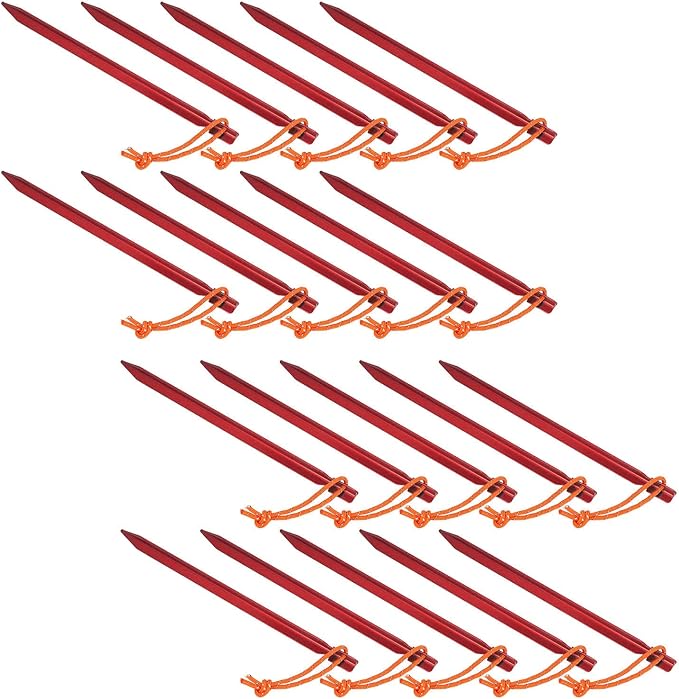 20pcs V Shape Heavy Duty Tent Stakes with Ropes Aluminum Alloy Tent Pegs for Camping Canopy 9 Inch Long Outdoor Tent Garden Stakes for Secure Ground Penetration in All Soil Types (Red)