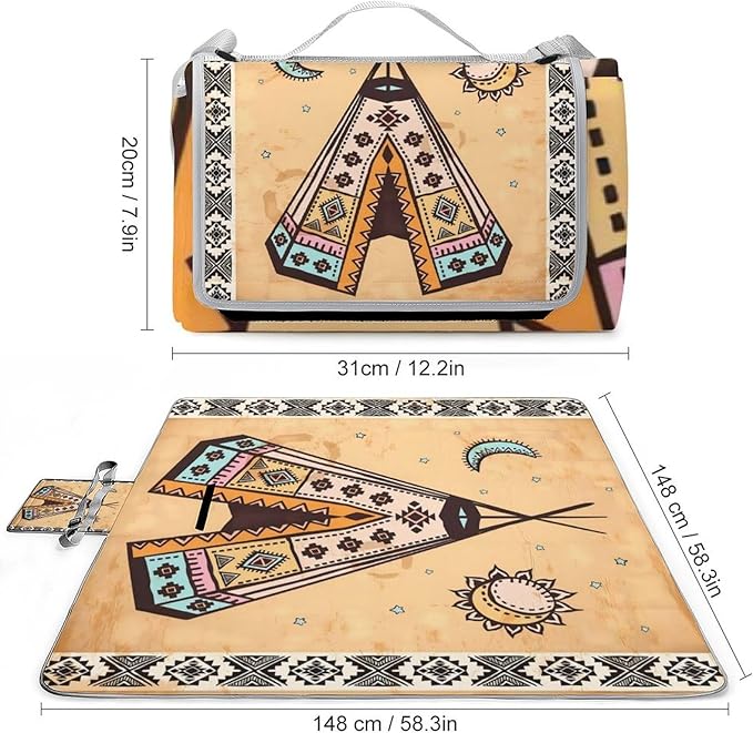 Tribal Native American Eagle Symbols Waterproof Outdoor Picnic Blanket Sandproof Beach Mat for Camping Hiking Grass Travelling