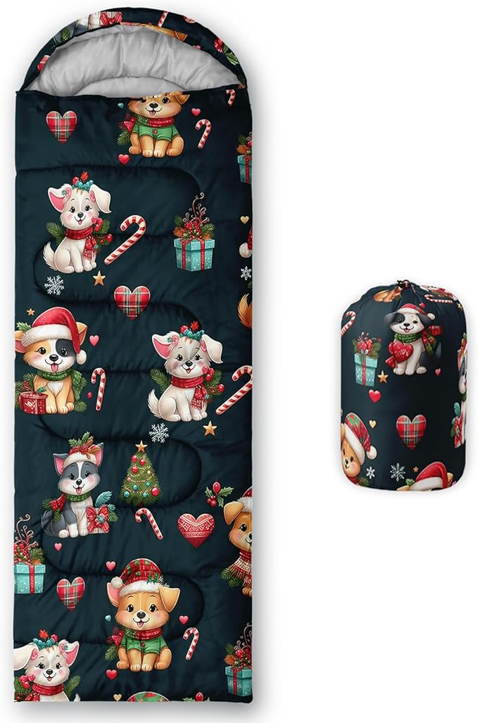 HOSIMA Kids Cute Dog Sleeping BagDifferent Pet Dogs Pattern Cold Weather Gear for CampingAnimal Themed with Christmas Tree Print Waterproof Sleeping Bags for Outdoors Hiking.