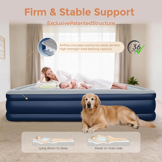 BEBAS Queen Size Air Mattress with Built-in Pump | Fast Inflation &amp Deflation | 16 Tall Extra High Support | 720lbs Max Weight Capacity | for Home Camping Guest &amp Office Use (Blue)