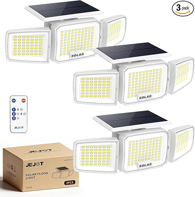 White Solar Security Light Outdoor Super Bright LED Motion Sensor Solar Flood Light 3 Heads 270° Wide AngleRemote Control IP65 Waterproof 3 Modes (3 Packs)
